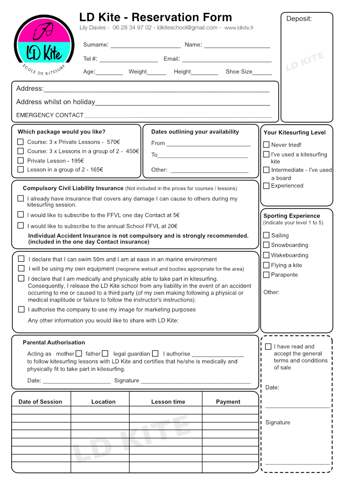 The LD Kite form need to book a lesson